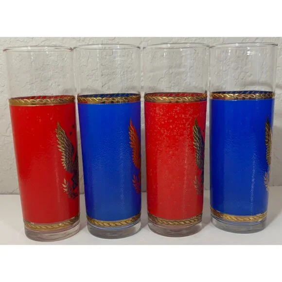 4 Vintage Patriotic Golden Eagle Collins Collectible Glasses Red Blue Americana - Picture 4 of 6